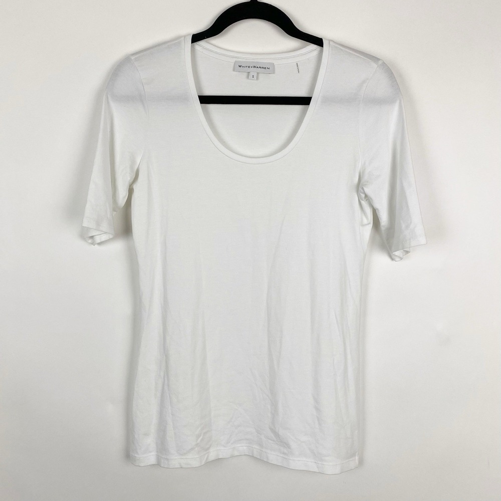 White + Warren Scoop Neck Elbow Sleeve Essential Tee Shirt Womens S White